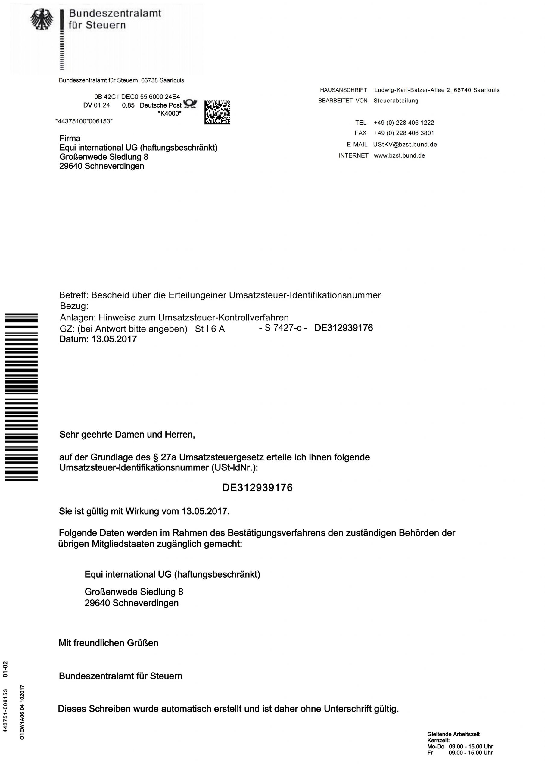 German VAT Certificate - DE312939176