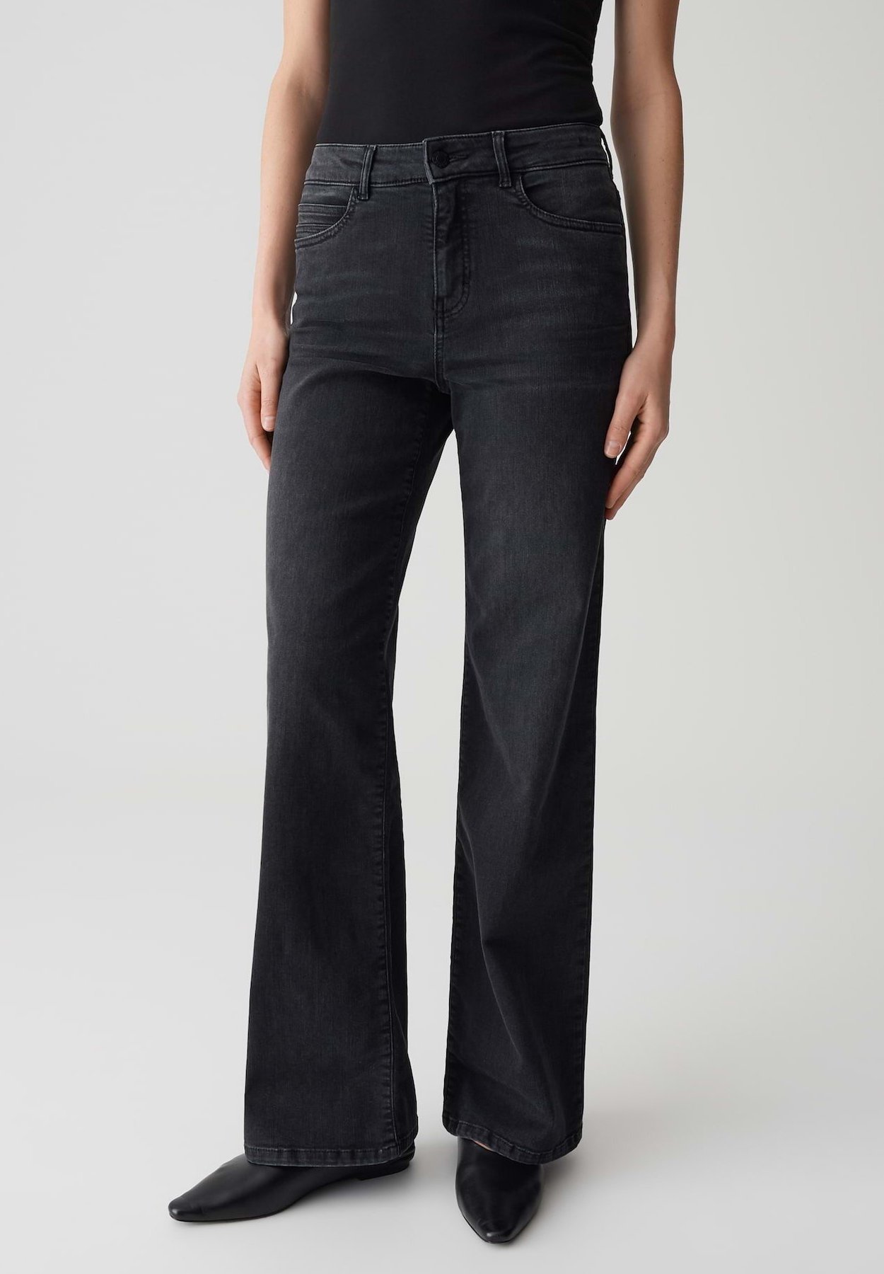 OPUS PANTS MID RISE LONG FLARED - Wide Leg Jeans - washed black